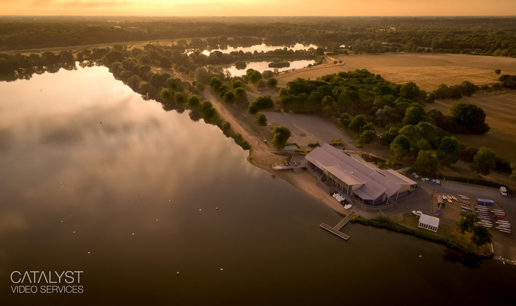 Aerial photography of Ferry Meadows restaurant facility in Cambridgeshire