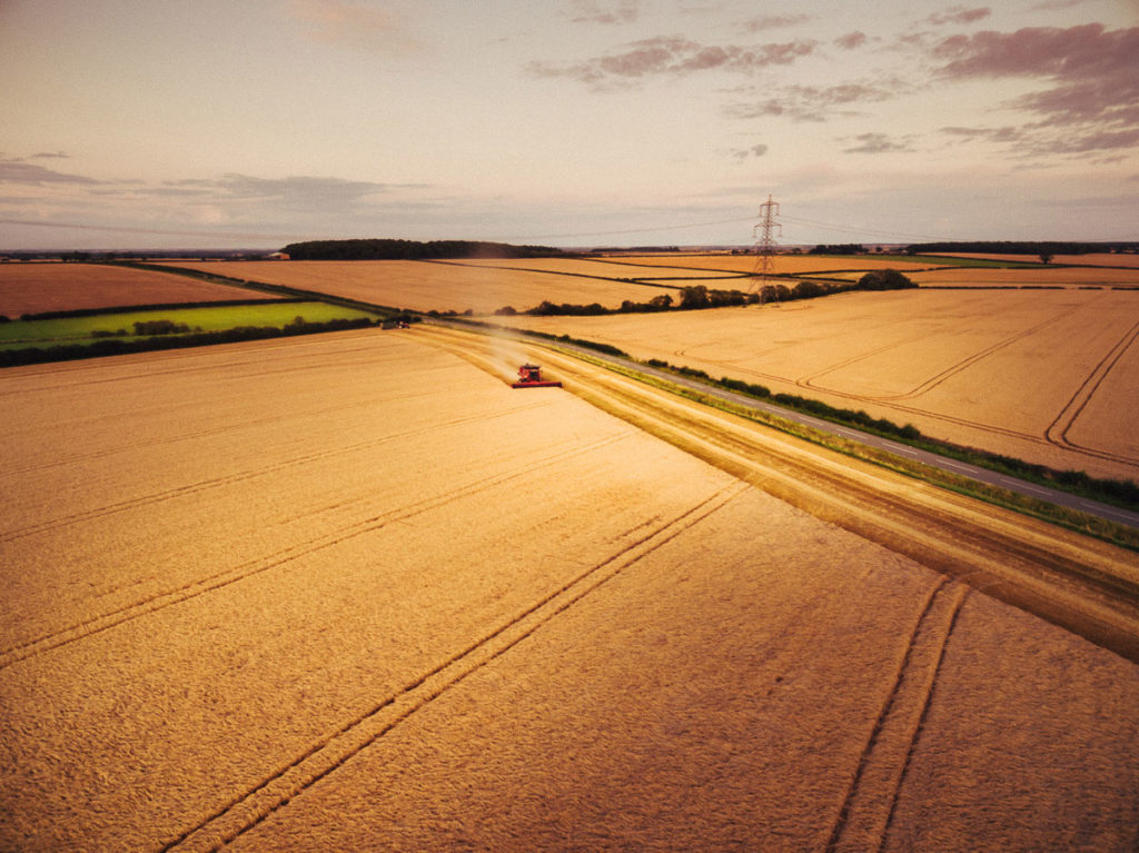 Aerial drone photography of harvesting and farming operations in Cambridgeshire