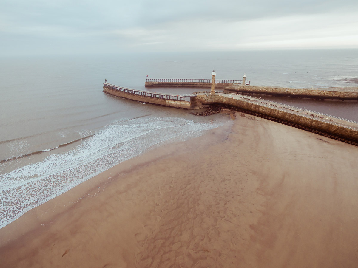 Aerial photo of Whitby harbour with Aerochrome LUT