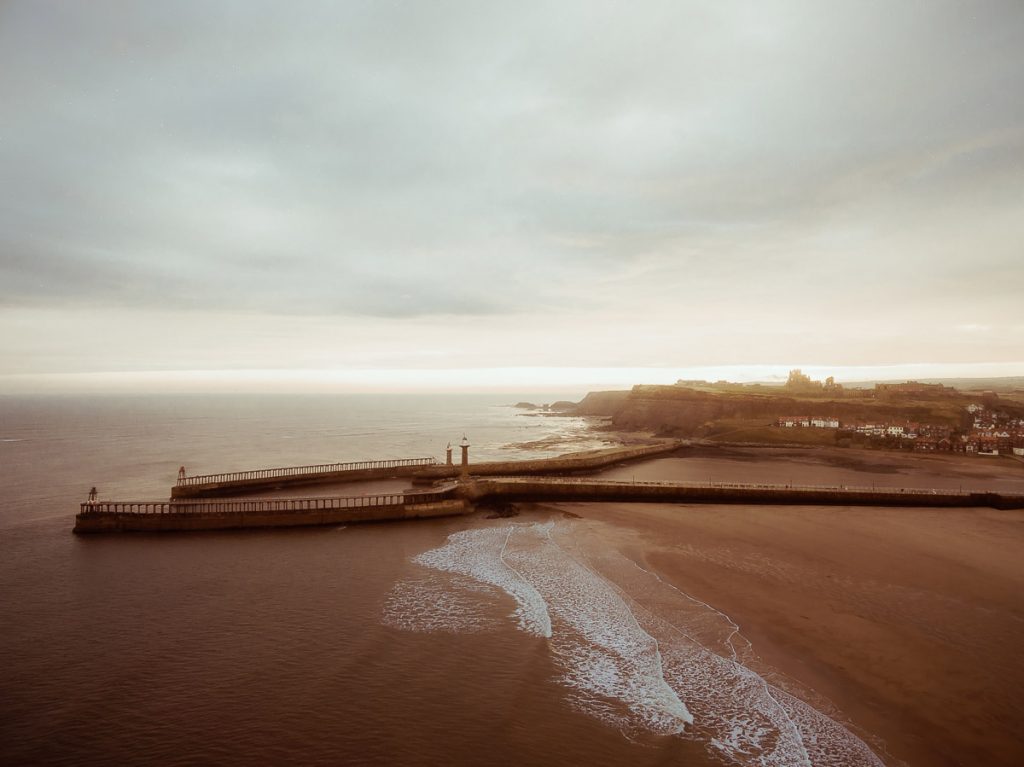 Aerial photo of Whitby harbour with Aerochrome LUT